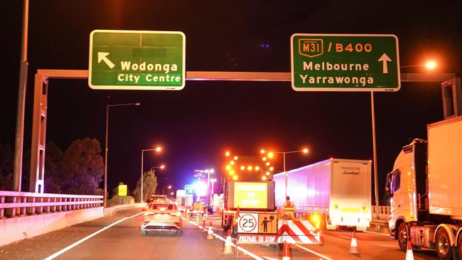 The Hume Freeway check point on the Victorian side of the border near Wodonga. Picture: Simon Dallinger