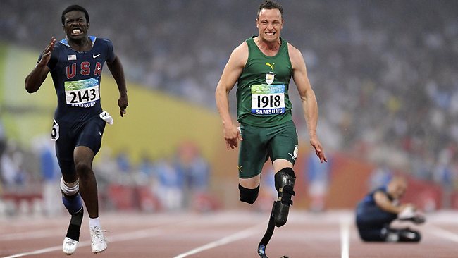 In this file picture, South African Oscar Pistorius runs to gold in the final of the 100m T44 at the 2008 Beijing Paralympic Games.