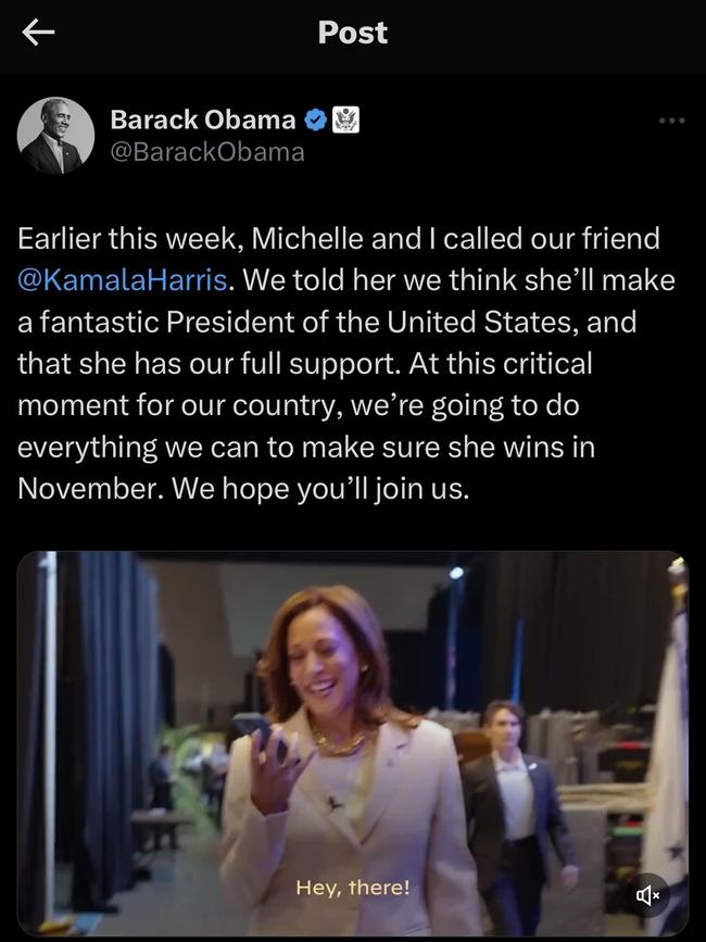 Barack and Michelle Obama call Kamala Harris on Wednesday to endorse her as the Democratic Presidential candidate. Pictue: X