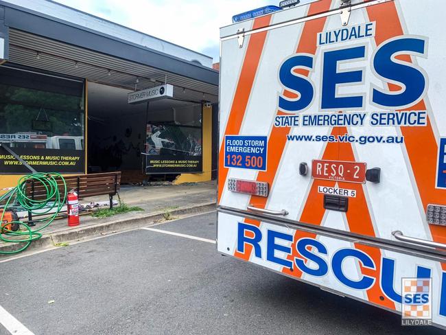 A car has smashed through  a Kilsyth music shop. Picture: Lilydale State Emergency Service