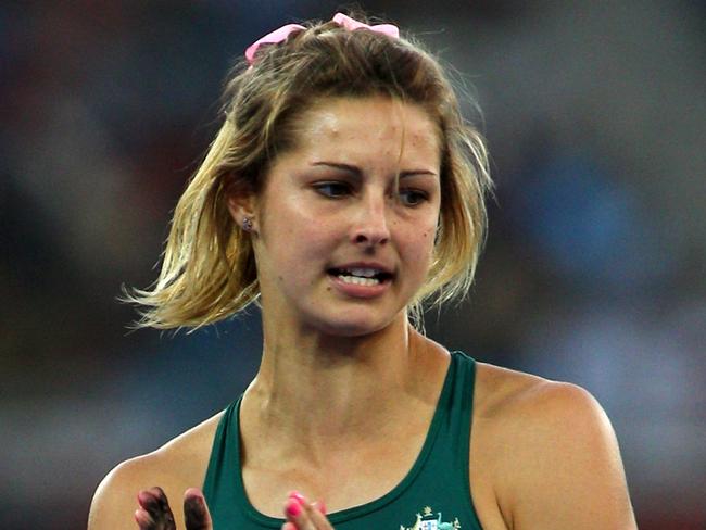 DELHI, INDIA - OCTOBER 12:  Amanda Bisk of Australia reacts during the women's pole vault final at Jawaharlal Nehru Stadium during day nine of the Delhi 2010 Commonwealth Games on October 12, 2010 in Delhi, India.  (Photo by Mark Dadswell/Getty Images)