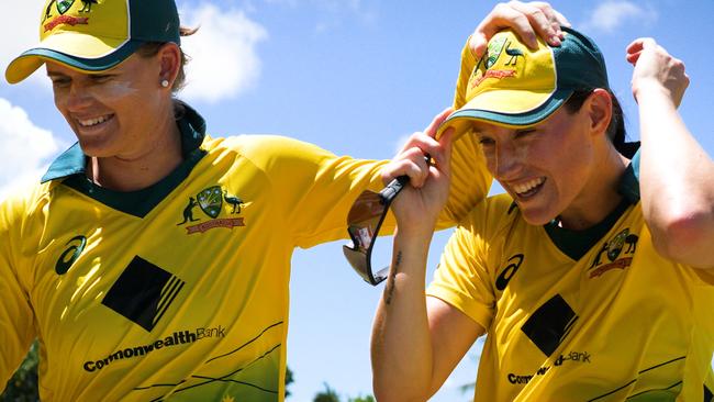 Megan Schutt celebrates her one-day international hat-trick playing for Australia against the West Indies in the Caribbean on September 11, 2019 with teammate Jess Jonassen. Picture: CRICKET AUSTRALIA