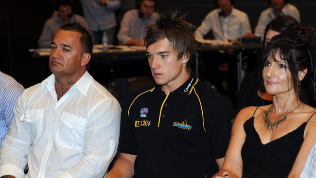 2009 AFL National Draft. A nervous Dustin Martin just before his name was called out with dad Shane and mum Kathy Knight.