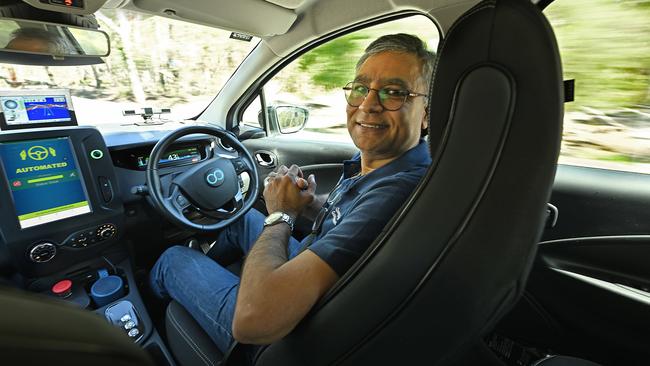 Amit Trivedi during testing of the Zoe2 self-driving prototype car being trialled by the Queensland government. Picture: Lyndon Mechielsen