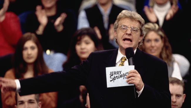 Talk show host Jerry Springer talks to his guests and audience on the set of The Jerry Springer Show. Picture: Ralf-Finn Hestoft/Corbis via Getty Images.