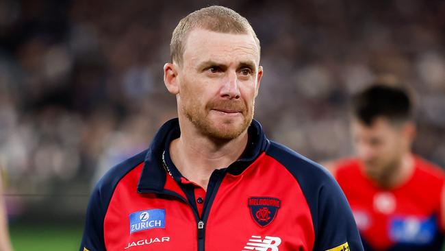 MELBOURNE, AUSTRALIA - SEPTEMBER 15: Simon Goodwin, Senior Coach of the Demons looks dejected after a loss  during the 2023 AFL First Semi Final match between the Melbourne Demons and the Carlton Blues at Melbourne Cricket Ground on September 15, 2023 in Melbourne, Australia. (Photo by Dylan Burns/AFL Photos via Getty Images)