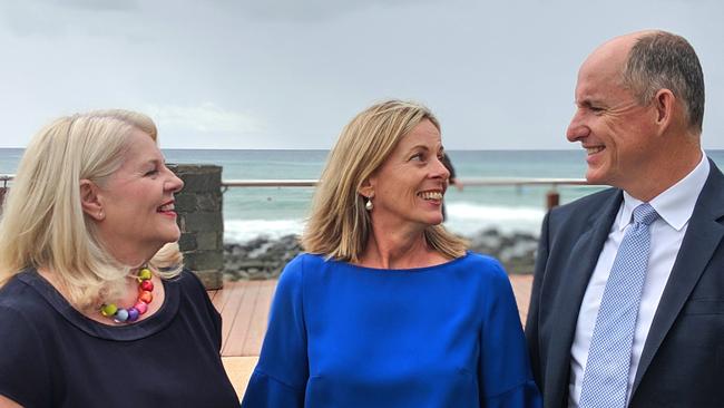 Liberal National Party politicians Member for McPherson Karen Andrews with candidate for Moncrieff Angie Bell and Member for Fadden Stuart Robert.