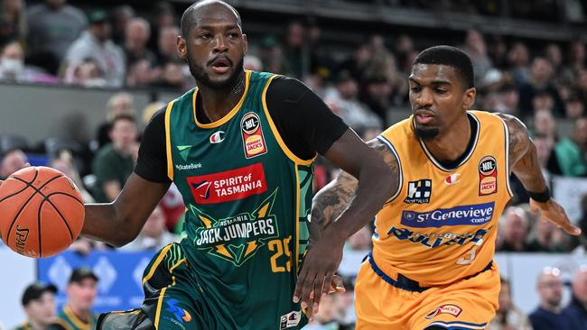 Milton Doyle moves the ball down the court in a recent clash against the Brisbane Bullets at MyState Bank Arena on October 9. Doyle was a standout performer, helping the JackJumpers secure their first win of the season. Picture: Steve Bell/Getty Images