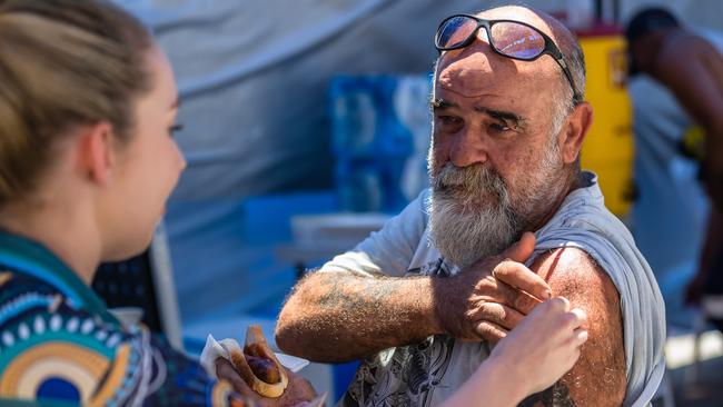 Juls Egan from Machans Beach at a Queensland Health pop-up Covid-19 Vaccination centre. Picture: Emily Barker