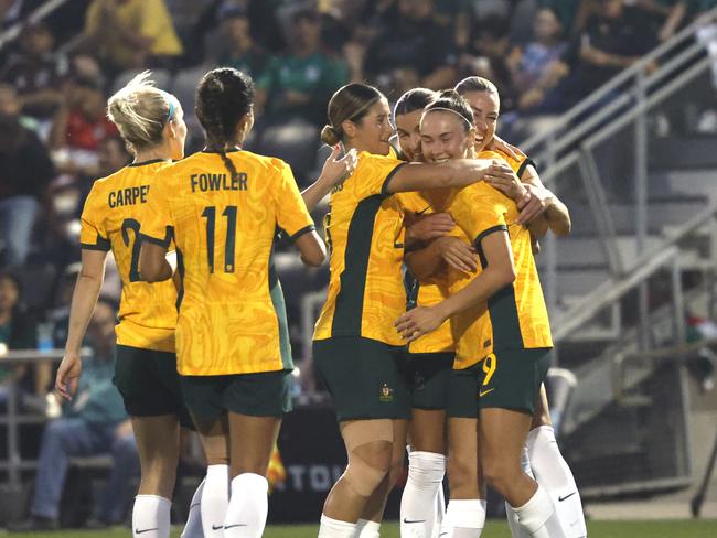 Caitlin Ford celebrates her goal which sealed Australia’s 2-0 win. Picture: Getty