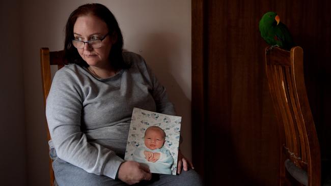 Julie-Ann Nottle pictured with a photo of her son Joshua in 2018. Picture: Tracey Nearmy/The Australian 2018