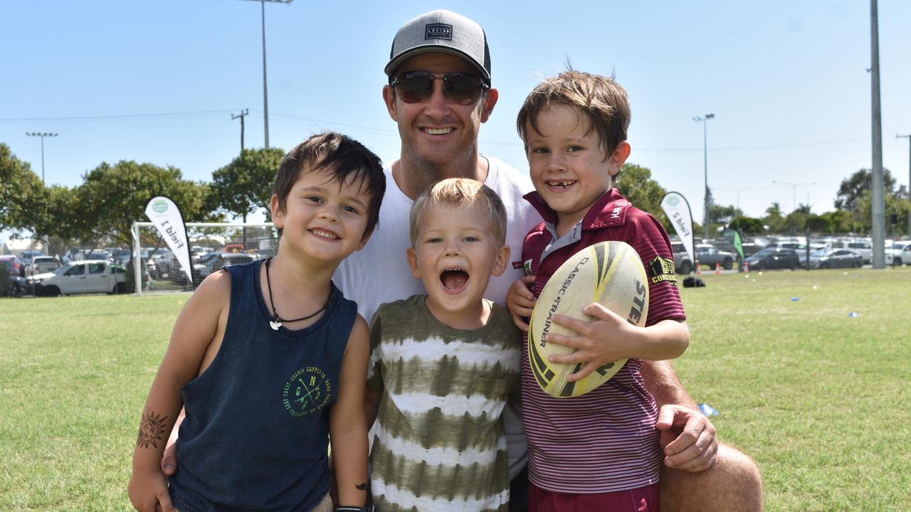 Ben, Jaxon, Cooper and Lachy Whiddon at the Play Something Unreal rugby league clinic in Kawana. Picture: Sam Turner