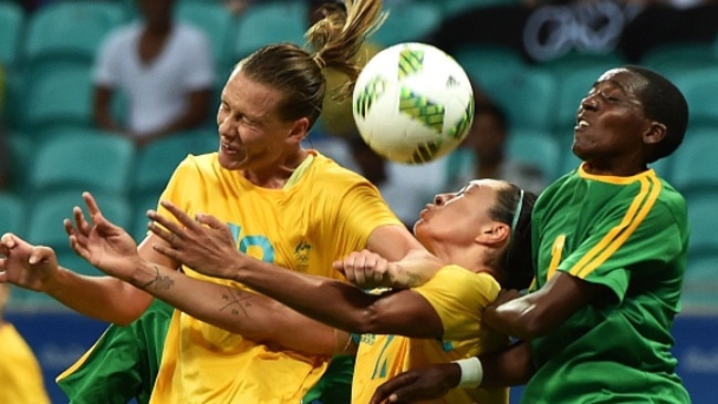 Matildas Emily Van Egmond and Kyah Simon playing Zimbabwe in Rio.