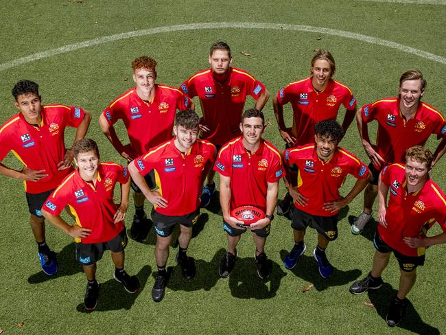 The Gold Coast Suns 2019 new recruits and draftees. (back l-r), Patrick Murtagh, Matt Conroy, Jy Farrar, Jeremy Sharp, Noah Anderson. (front l-r) Connor Budarick, Luke Towey, Sam Flanders, Malcolm Rosas Jnr, and Matthew Rowell. Picture: Jerad Williams