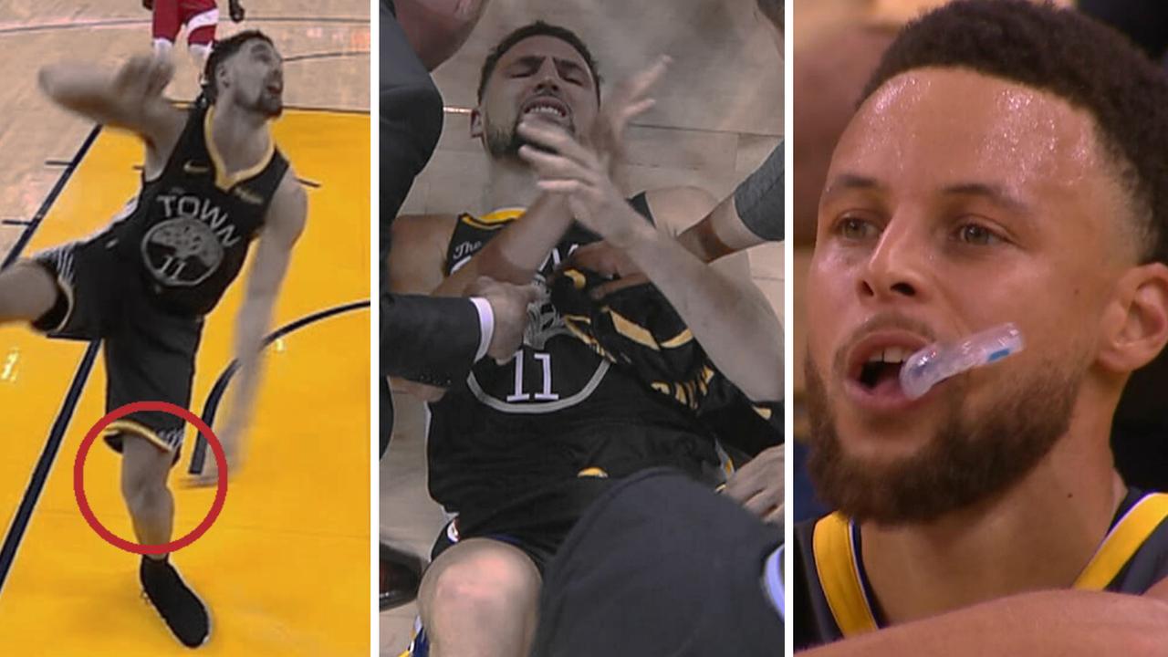 Klay Thompson leaves Raptors vs. Warriors Game 6 with leg injury - Golden  State Of Mind