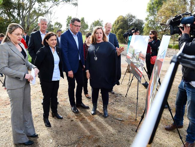 Public Transport Minister Jacinta Allen (left), Mill Park MP Lily D'Ambrisio, Premier Daniel Andrews and Yan Yean MP Danielle Green at this morning’s announcement. Picture: Josie Hayden