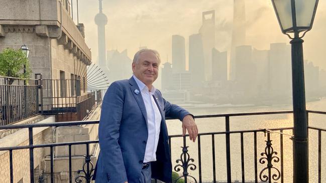 Trade Minister Don Farrell on the rooftop of the Peace Hotel in Shanghai. Picture: Will Glasgow