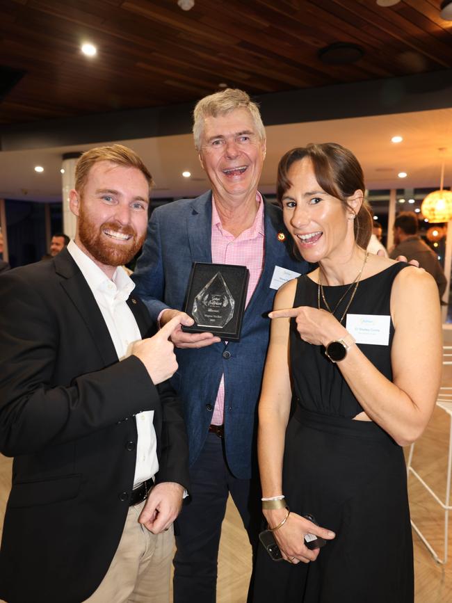 Joe Wilkinson, Wayne Sticher and Shelley Curtis at the Gold Coast Australian of the Year Awards 2025 at Sky Point for Gold Coast at Large. Picture, Portia Large.