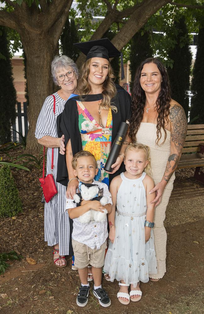 Bachelor of Midwifery graduate Dakota McDonald with family members (from left) Diane Hudson, Kairee Seul, Willow Seul and Nicole McDonald at a UniSQ graduation ceremony at Empire Theatres, Tuesday, February 13, 2024. Picture: Kevin Farmer