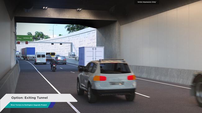 An artist impression of an exit on one of the possible tunnels to link the River Torrens to Darlington, part of the non-stop North-South freeway project under construction across Adelaide.