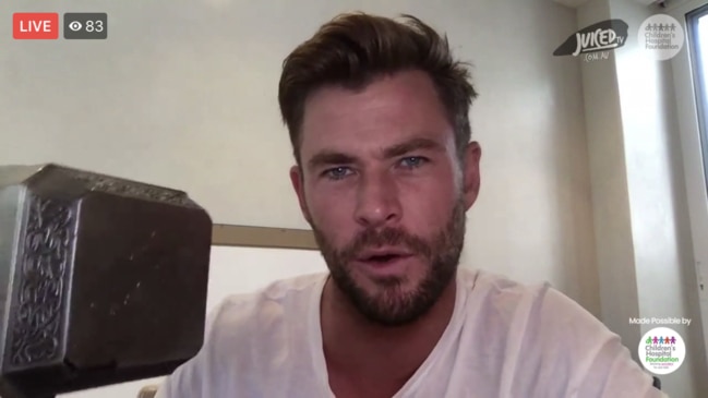 Chris Hemsworth showed off Thor’s hammer on Juiced TV's Virtual Visits series at the Queensland Children's Hospital