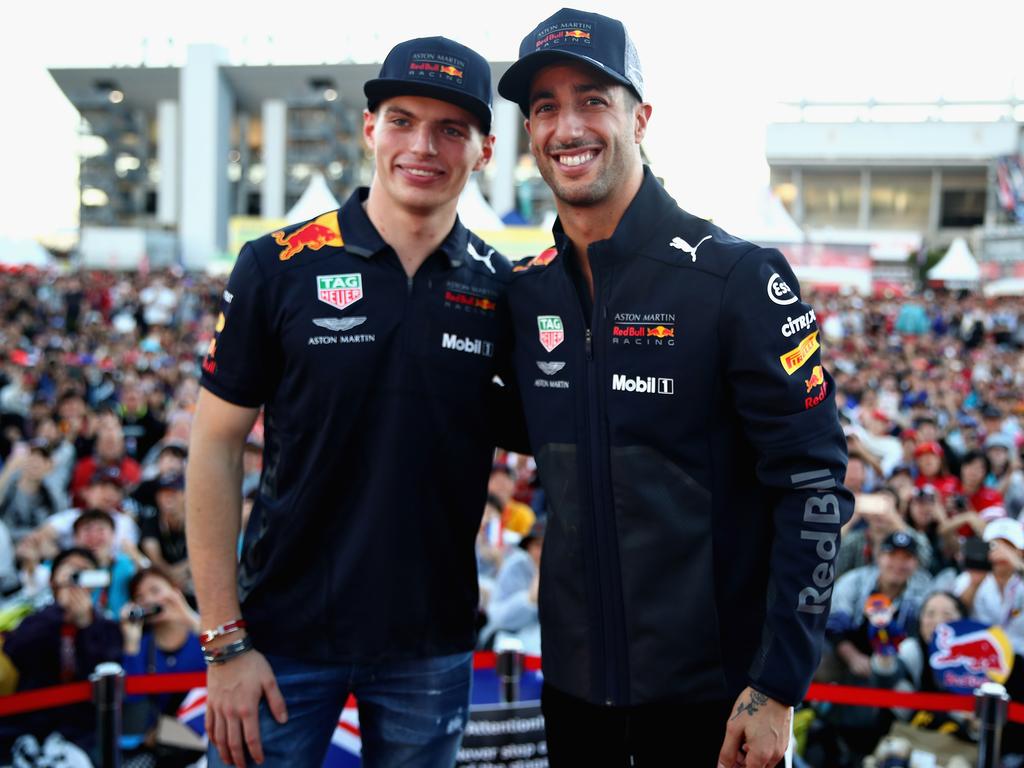 Max Verstappen and Daniel Ricciardo pose for a photo during the 2018 F1 Japanese Grand Prix in Suzuka, while they were teammates at Red Bull. Picture: Mark Thompson/Getty Images