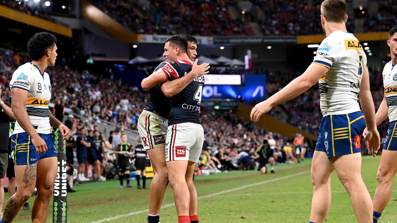 Joseph-Aukuso Suaalii has spent the past few years learning off Joseph Manu. Picture: Bradley Kanaris/Getty Images