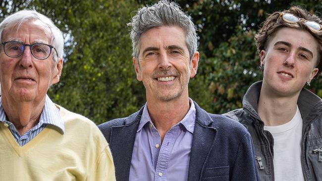 Five generations of men in James Murray's family have had prostate cancer: from great-great-grandfather to James. James, 55, with his dad Robert and his son Max, 19. Picture: Jake Nowakowski