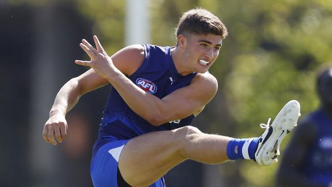 Harry Sheezel of the Kangaroos kicks long from half back. Will he move into the midfield in 2024? Picture: Michael Klein