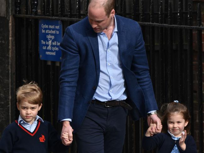 Prince William takes Prince George and Princess Charlotte to meet their new sibling. Picture: Phil Loftus/Capital Pictures/MEGA