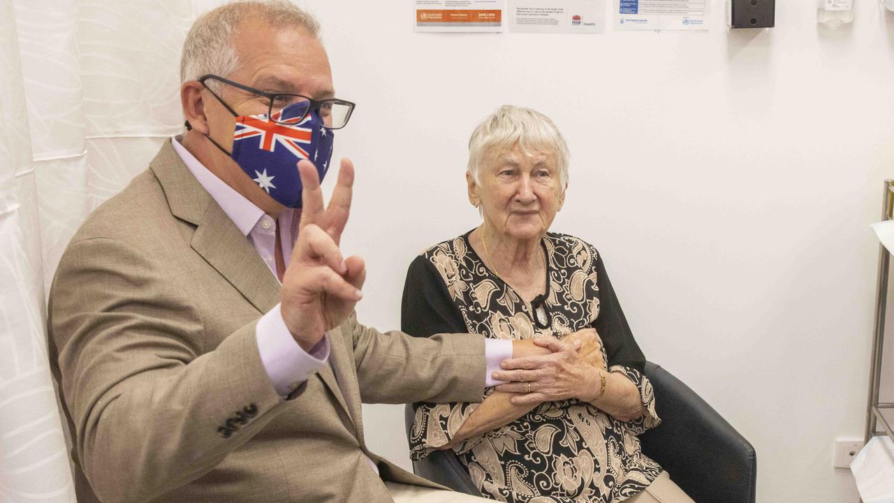 Prime Minister Scott Morrison with Jane Malysiak 84, who was Australia’s first recipient of the coronavirus vaccine. Picture: NCA NewsWire / Jenny Evans