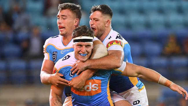 Jarrod Wallace reacts after scoring a try for the Titans. Picture: AAP Image/Dave Hunt