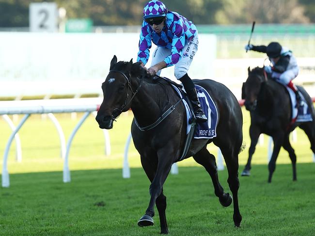 SYDNEY, AUSTRALIA - APRIL 13: Declan Bates riding Pride of Jenni wins Race 8 Queen Elizabeth Stakes during Sydney Racing: The Championships at Royal Randwick Racecourse on April 13, 2024 in Sydney, Australia. (Photo by Jeremy Ng/Getty Images)