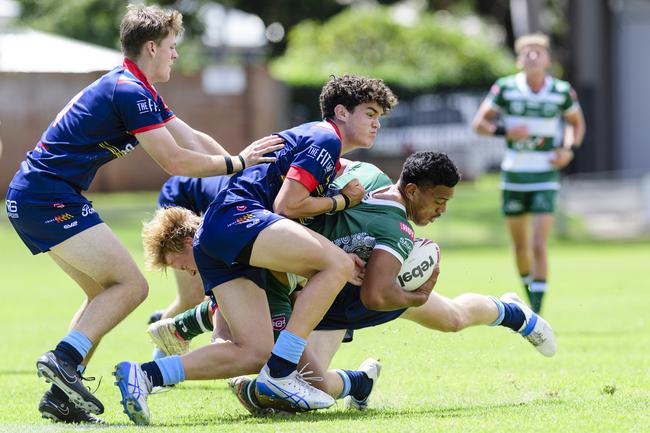 Max Murphy (left) of Western Clydesdales tackles Tomasi Vaitai of Ipswich Jets in Cyril Connell Cup round 5. Picture: Kevin Farmer