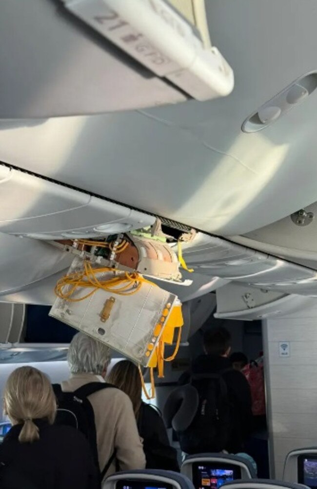 Ceiling panels torn off by the impact of the turbulence, oxygen masks dandling overhead and at least one destroyed seat. Picture: X/pichipastoso