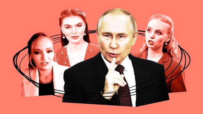 President Putin’s daughters Katerina Tikhonova, left, and Maria Vorontsova, right, as well as his partner Alina Kabaeva have all become more prominent since Russia invaded Ukraine. Illustration: The Times.