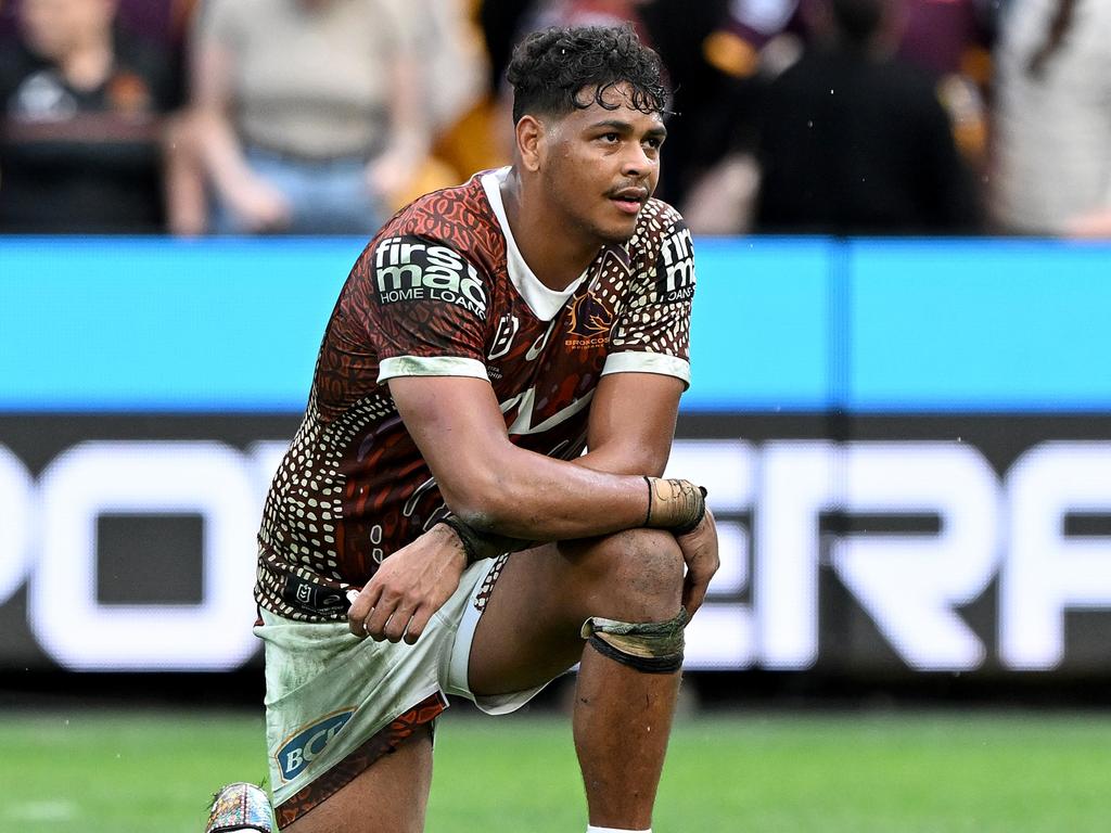 The Broncos were dejected after their loss. Picture: Bradley Kanaris/Getty Images