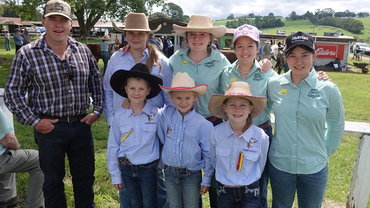 Toby Gibson, Sierra Martin, Lacey Gibson, Tully Gibson, Amee Lamb, (front) Harper, Skylah and Brooklyn at the Dorrigo Show, November 24, 2023. Picture: Chris Knight