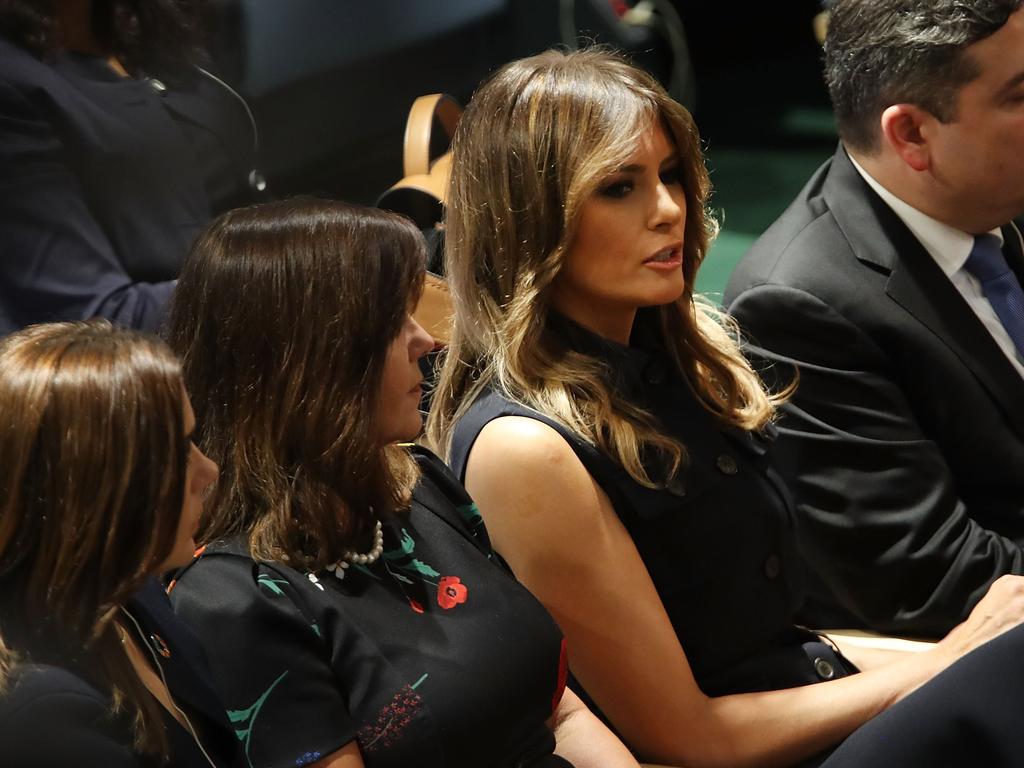 Melania Trump, wife of Donald Trump, watches as President Trump prepares to address the 73rd United Nations General Assembly. Picture: Getty