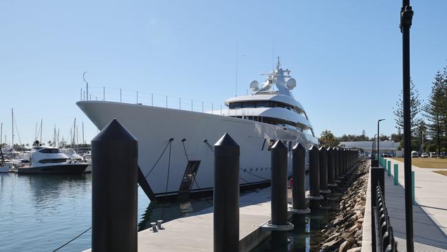 Miranda Kerr and husband Evan Spiegel's yacht, the 94.75metre Bliss, by Feadship, at Southport Yacht Club. Picture Glenn Hampson