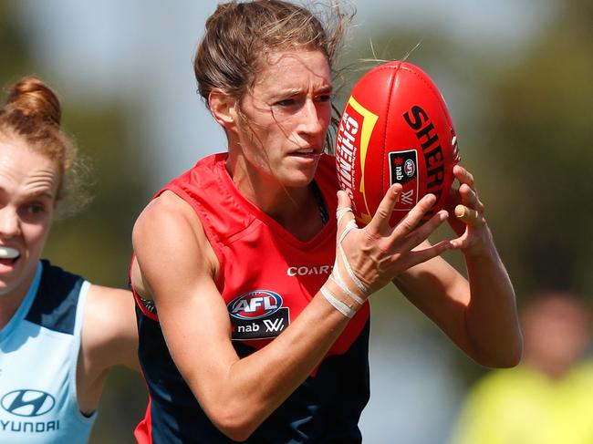 MELBOURNE, AUSTRALIA - FEBRUARY 25: Cat Phillips of the Demons in action during the 2017 AFLW Round 04 match between the Melbourne Demons and the Carlton Blues at Casey Fields on February 25, 2017 in Melbourne, Australia. (Photo by Michael Willson/AFL Media/Getty Images)