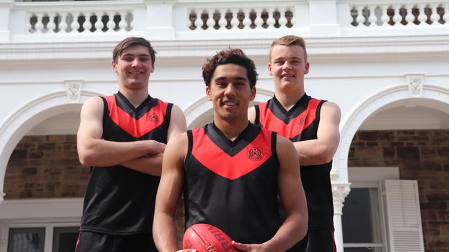 Rostrevor footballers and SA AFL Academy members (left to right) Cameron Taheny, Anzac Lochowiak and Josh Shute. The trio will be key for the Woodforde college this season.