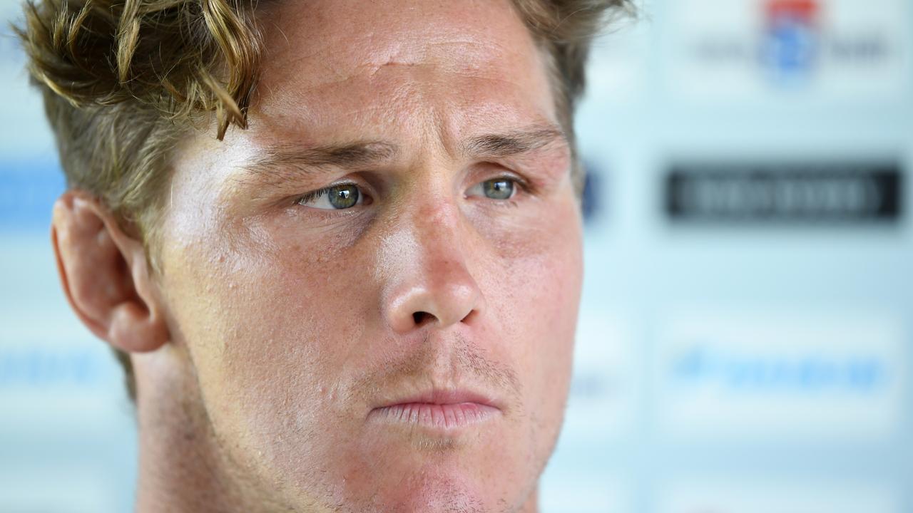 Michael Hooper speaks to the media during a Waratahs training session in Sydney.