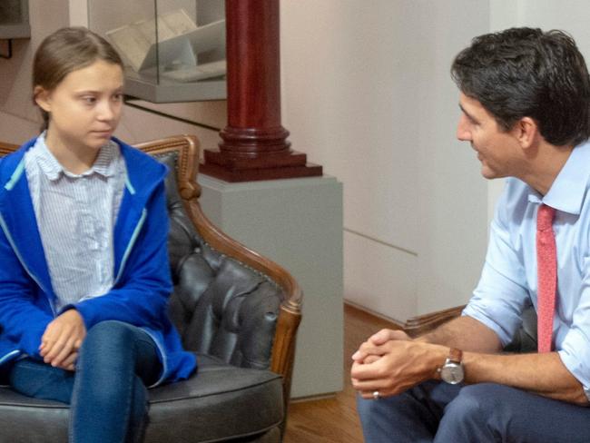 Mandatory Credit: Photo by Canadian Press/Shutterstock (10675087a) Canadian Prime Minister and Liberal leader Justin Trudeau speaks Swedish environmental activist Greta Thunberg in Montreal on September 27, 2019. Teenage climate activist Greta Thunberg is urging developing island nations to use the upcoming United Nations Security Council election to push Canada and Norway to step up their games on climate change. Thunberg is one of four youth activists and 22 climate scientists who signed a letter Tuesday to the ambassadors of countries within the UN's group of small island developing states. Canadian Press, Montreal, Canada - 27 Sep 2019