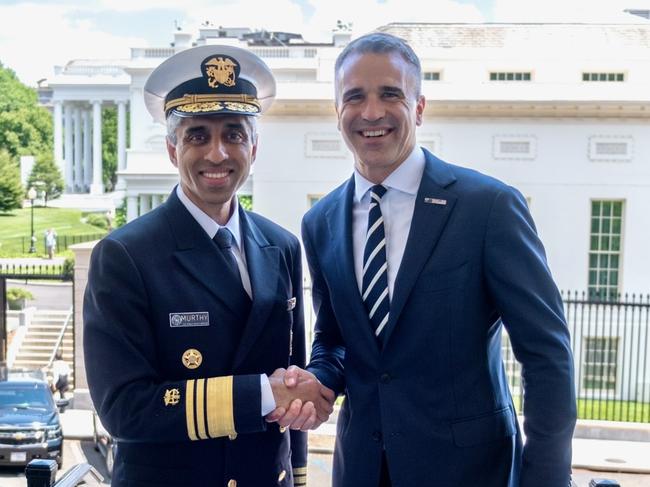 Premier Peter Malinauskas meets about social media with United States Surgeon General Dr Vivek Murthy. The meeting took place in the Eisenhower Executive Building, part of the White House compound, next to the West Wing. Picture: Supplied