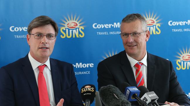 Former Cover-More CEO Mike Emmett with Gold Coast Suns CEO Mark Evans at the Cover-More sponsorship announcement in 2017. Picture: Mike Batterham