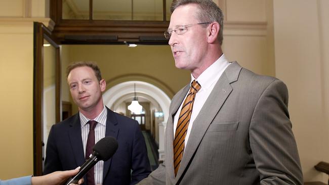 David Speirs and Dan van Holst Pellekaan arrive in Parliament House for the vote. Picture: NCA NewsWire / Naomi Jellicoe