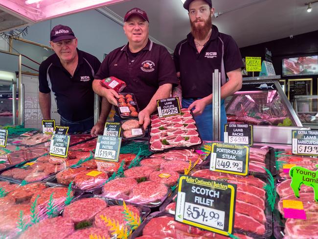 Number 5: Len James Jnr, centre, with son Tom, right, and colleague Teddy from Keilor Continental Butchers, Keilor. Picture: Mark Dadswell