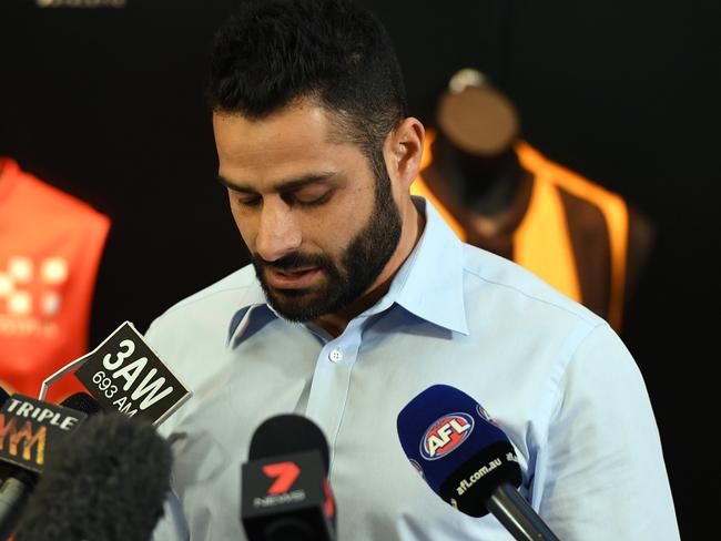 Ali Fahour speaks to the media at AFL House. AAP Image/Julian Smith