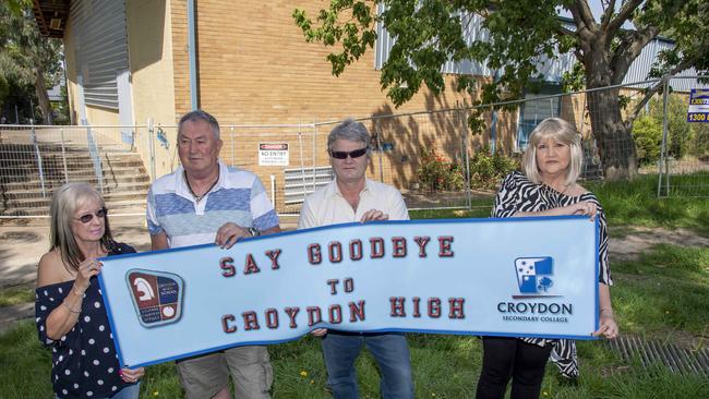 Former Croydon High students Debby Gough, Tracie Chadderton, Brett Leach and Pete Peacock outside the school in February. Picture: Andy Brownbil